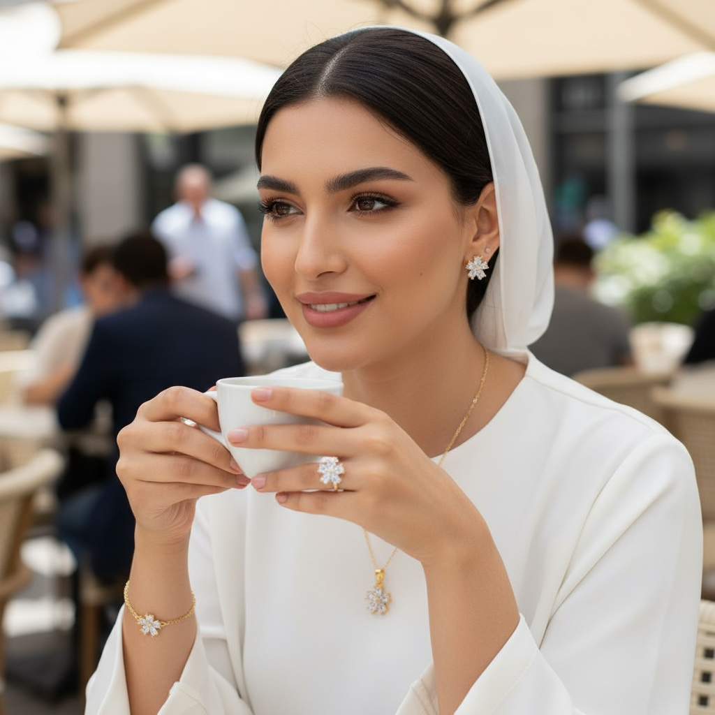 طقم مجوهرات زهرة لامعة مطلي بالذهب مع زركون – ٤ قطع (قلادة + أقراط + سوار + خاتم قابل للتعديل)