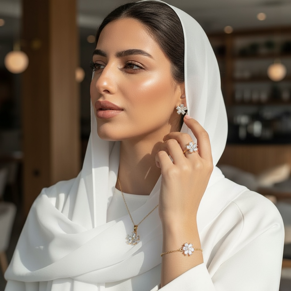 طقم مجوهرات زهرة لامعة مطلي بالذهب مع زركون – ٤ قطع (قلادة + أقراط + سوار + خاتم قابل للتعديل)