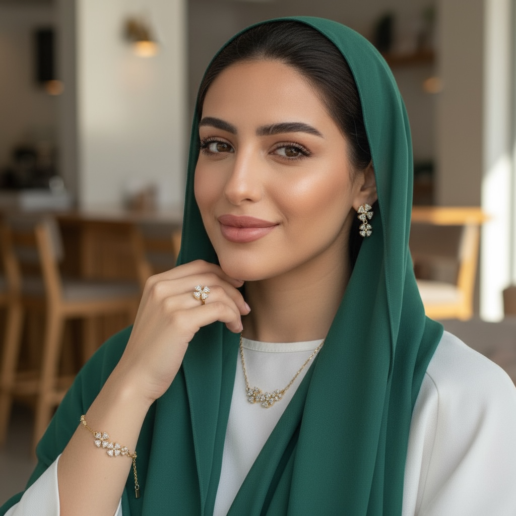 طقم مجوهرات البرسيم المطلي بالذهب مع زركون لامع – ٤ قطع (قلادة + أقراط + سوار + خاتم قابل للتعديل)