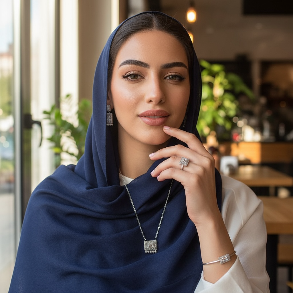 طقم مجوهرات لؤلؤي مستطيل مطلي بالفضة – ٤ قطع (قلادة + أقراط + سوار + خاتم قابل للتعديل)