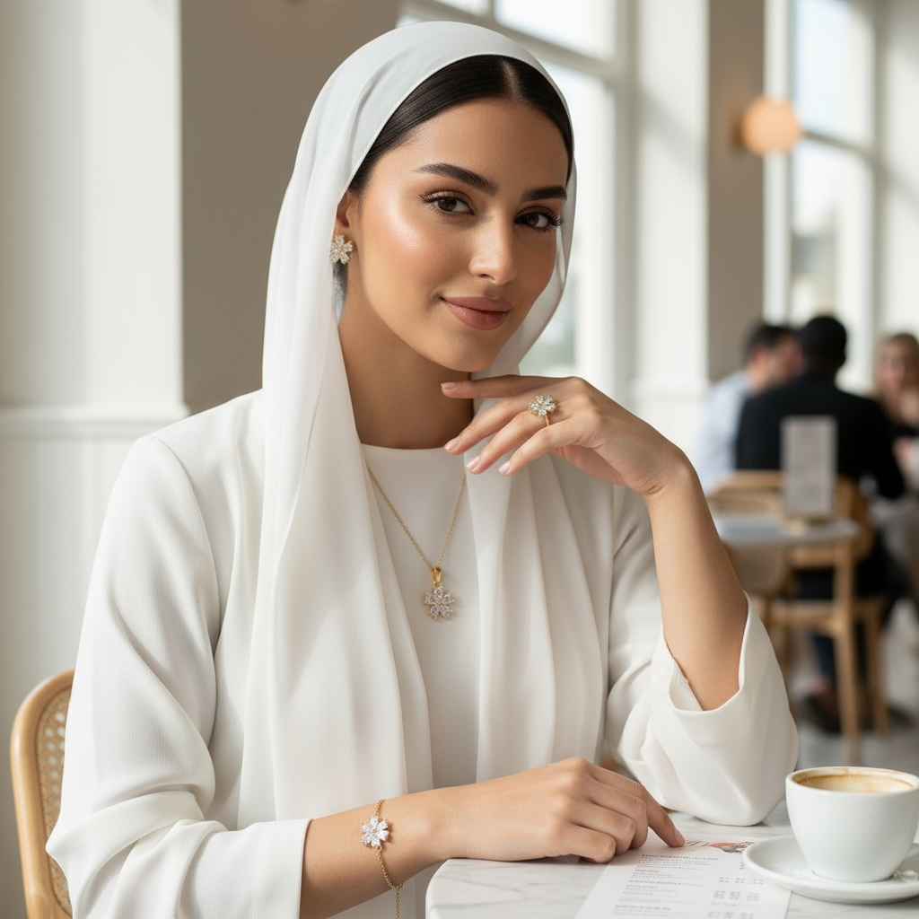 طقم مجوهرات زهرة لامعة مطلي بالذهب مع زركون – ٤ قطع (قلادة + أقراط + سوار + خاتم قابل للتعديل)