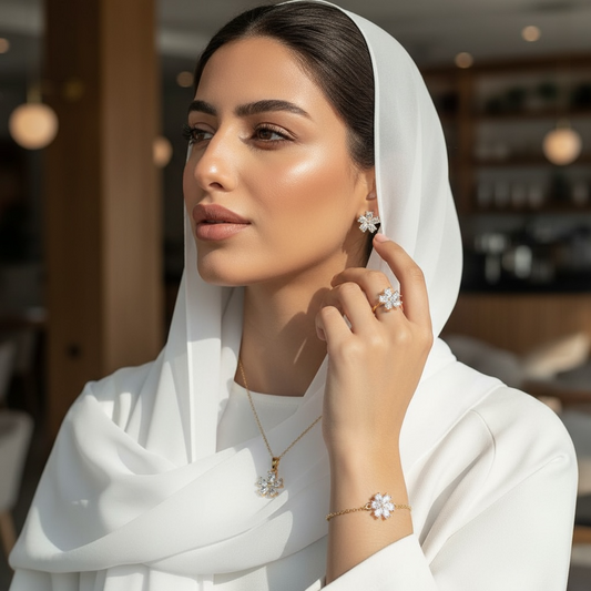 طقم مجوهرات زهرة لامعة مطلي بالذهب مع زركون – ٤ قطع (قلادة + أقراط + سوار + خاتم قابل للتعديل)