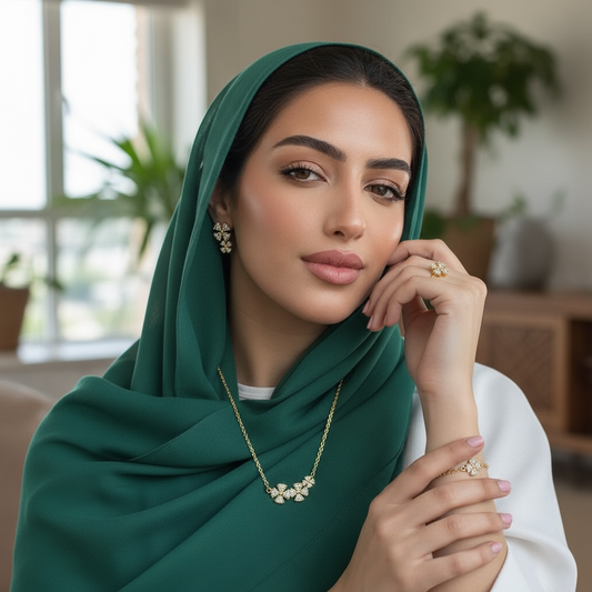 طقم مجوهرات البرسيم المطلي بالذهب مع زركون لامع – ٤ قطع (قلادة + أقراط + سوار + خاتم قابل للتعديل)