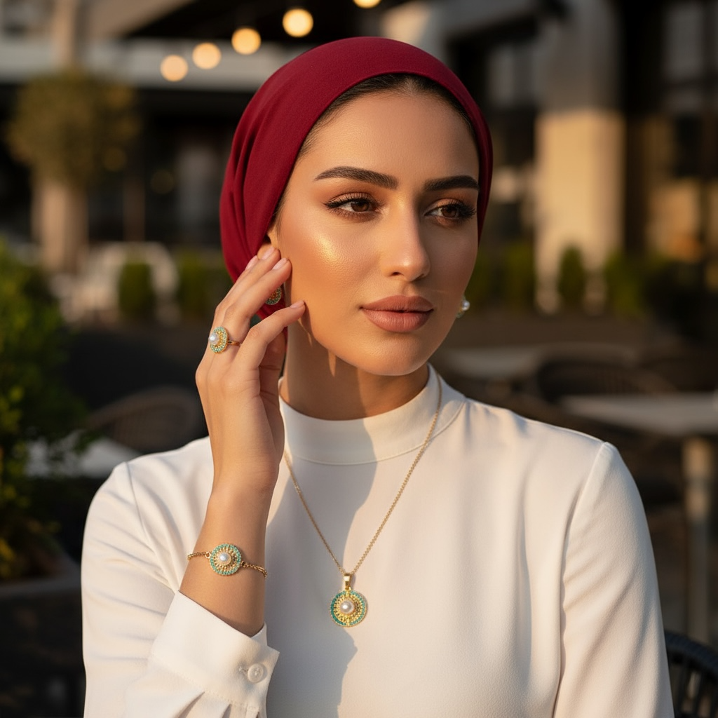 طقم مجوهرات لؤلؤي مستدير مطلي بالذهب مع خرز فيروزي – ٤ قطع (قلادة + أقراط + سوار + خاتم قابل للتعديل)