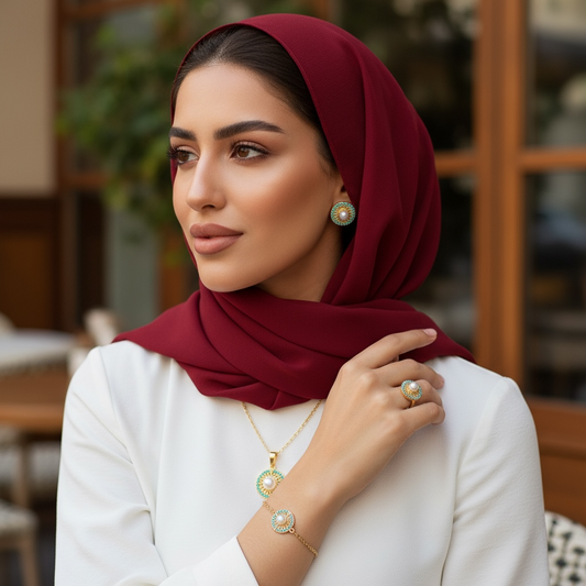 طقم مجوهرات لؤلؤي مستدير مطلي بالذهب مع خرز فيروزي – ٤ قطع (قلادة + أقراط + سوار + خاتم قابل للتعديل)