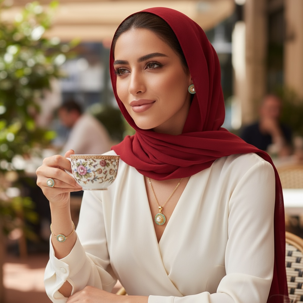 طقم مجوهرات لؤلؤي مستدير مطلي بالذهب مع خرز فيروزي – ٤ قطع (قلادة + أقراط + سوار + خاتم قابل للتعديل)
