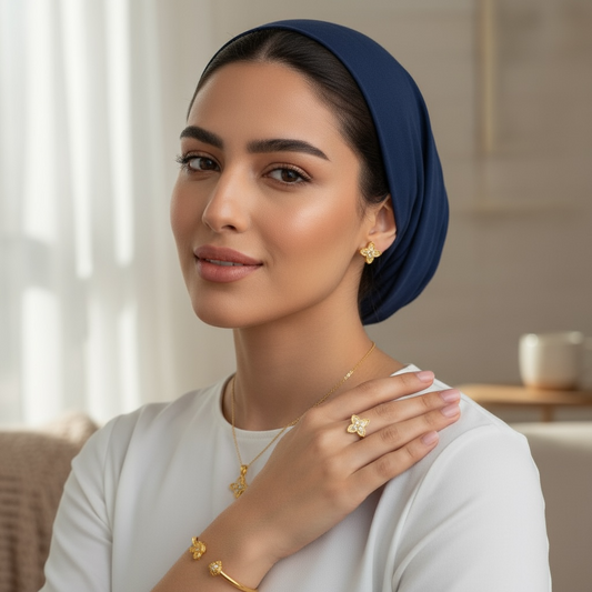 طقم مجوهرات كلوفر مطلي بالذهب – ٤ قطع (قلادة + سوار + خاتم قابل للتعديل + أقراط)