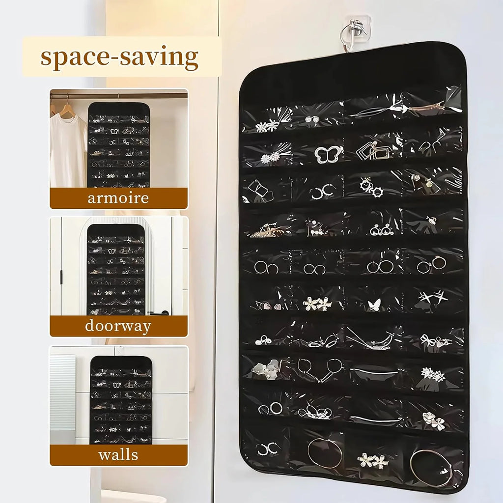 Double-Sided Hanging Jewelry Organizer – 80 Pocket Space-Saving Storage for Women